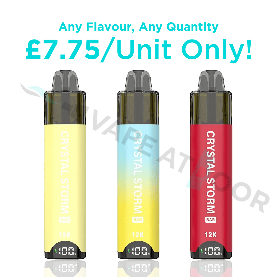 Three Crystal Storm vape bars with promotional text on a white background