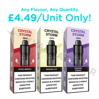 Three Crystal Storm bar replacement pods 20mg with promotional details on white background.