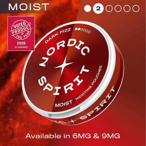 Nordic Spirit nicotine pouches with a red background and product details.