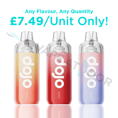 Three gradient-colored 'Dojo Blast 10K' Vape Device with promotional text on a white background