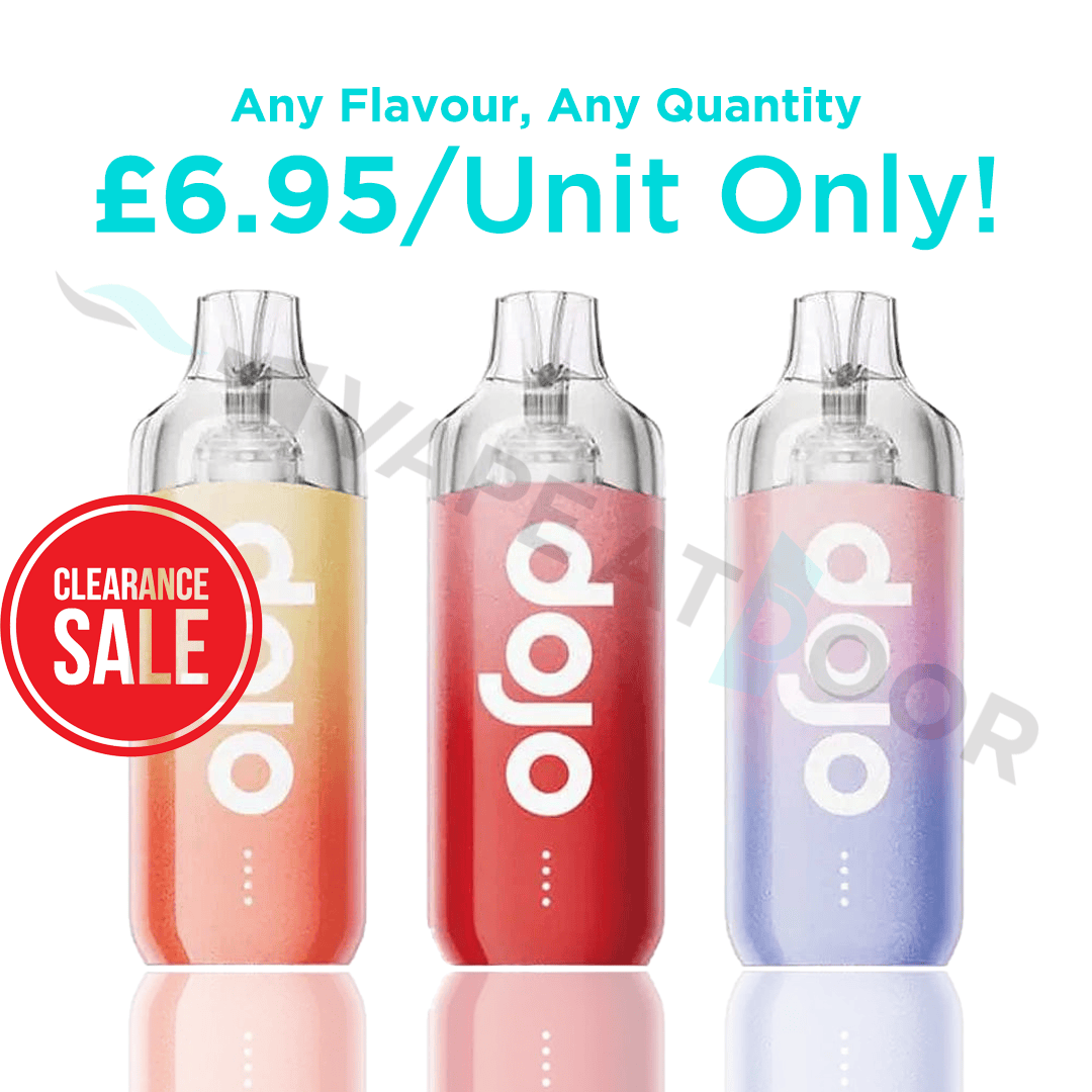 Three colorful 'dojo blast 10k' vape devices with a clearance sale label on a white background.
