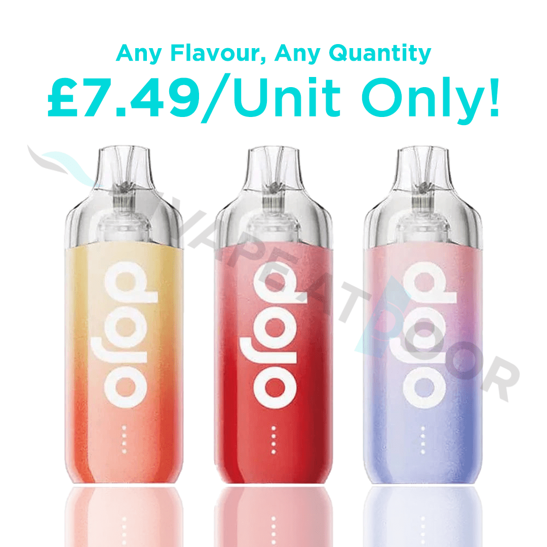 Three gradient-colored &#39;Dojo Blast 10K&#39; Vape Device with promotional text on a white background