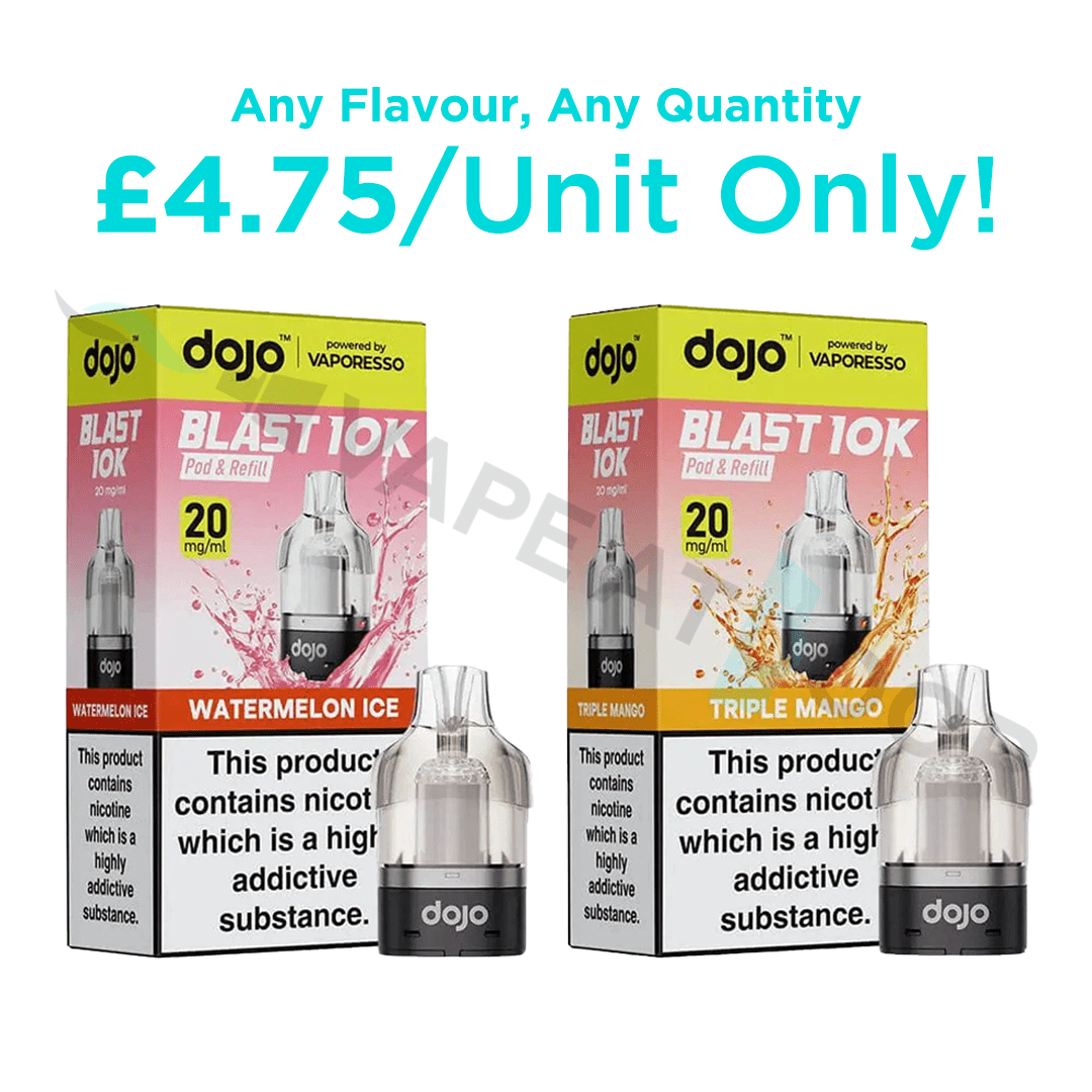Two boxes of ' Dojo Blast 10K' vape pods with 'dojo' branding and product details on a white background.