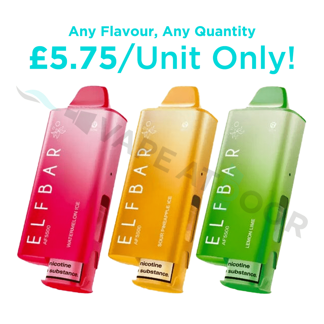 Three ELF BAR AF 5500 Prefilled Pod Kits in red, yellow, and green on a white background with promotional text.