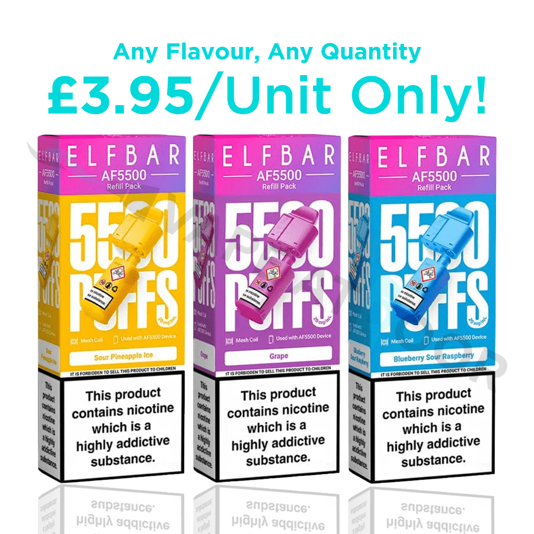 Three ELF BAR AF 5500 Replacement Pods in different flavors with promotional text on a white background.