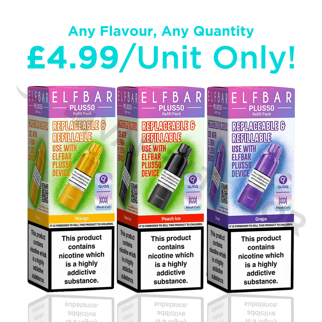 Elf Bar Plus50 vape replacement pods packaging with flavor options and pricing on a white background