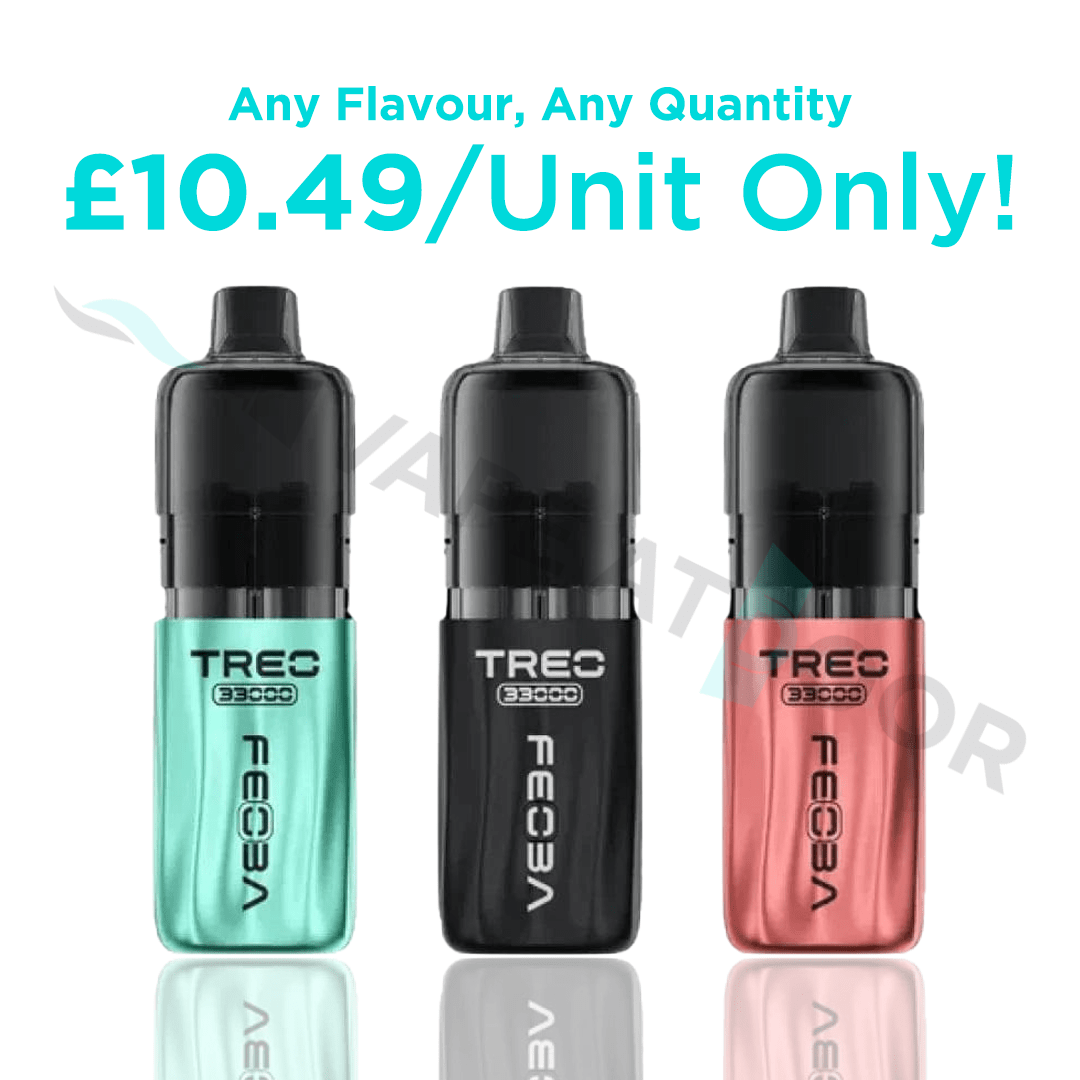 Three FEOBA TREO vape devices in different colors with promotional text on a white background.