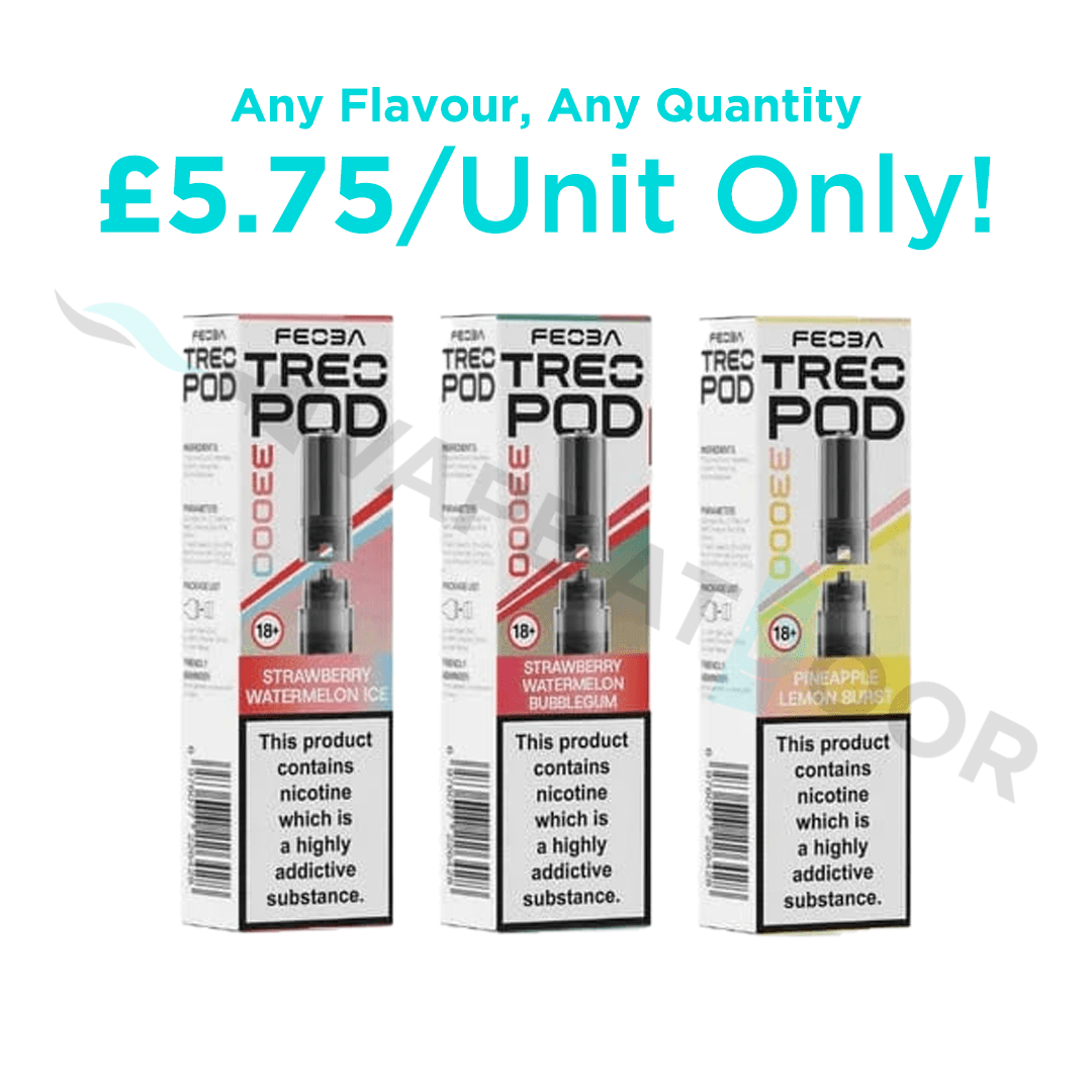Three packages of TREQ POD with flavor options and pricing information on a white background.