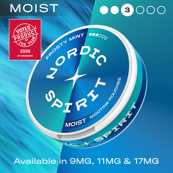 Nordic Spirit moist nicotine pouches with Frosty Mint flavor on a blue background, featuring the 'Product of the Year 2026' award.