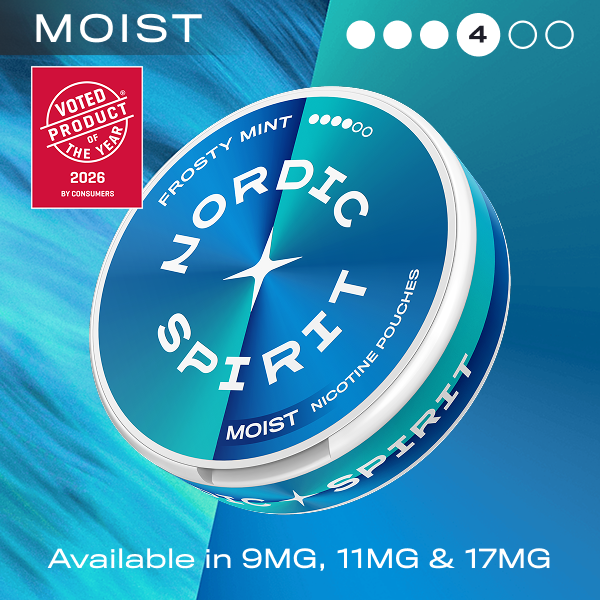 Nordic Spirit moist nicotine pouches with Frosty Mint flavor on a blue background, featuring the 'Product of the Year' award.