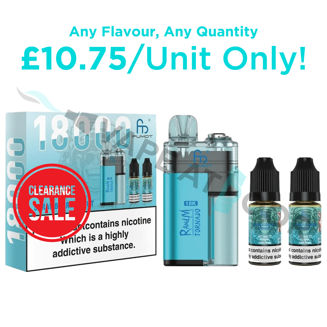 Fumot Tornado 18000 Vaping device and e-liquid bottles with promotional text on a white background with clearance sales tag