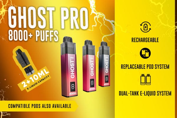Ghost Pro vape device with features on a yellow background