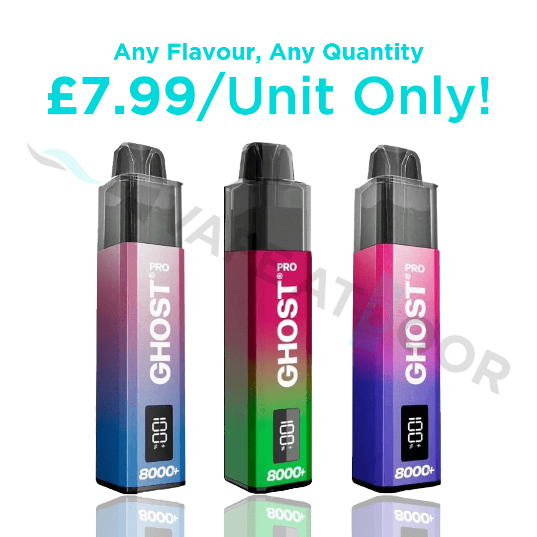Three gradient-colored vape devices with &#39;Ghost Pro 8000&#39; branding on a white background, promotional text about price and quantity.