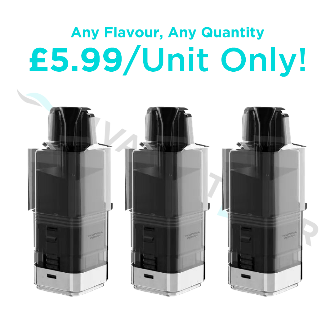 Three Ghost Pro 8000 Replacement Pods with black tops on a white background, promotional text about price and quantity.