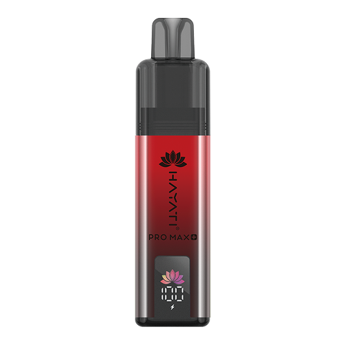 A Hayati Pro Max+ 4000 vape device with a metallic red body, a black mouthpiece, and a digital display showing 100% battery, set against a plain white background.
