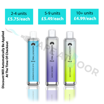 Product advertisement for "Hayati Pro Max 4000" vapes showing multi-buy pricing tiers: 2–4 units for £5.75 each, 5–9 units for £5.49 each, and 10+ units for £4.99 each. Three crystal-clear rectangular vapes showing different colors and flavors (Blue Sour Raspberry, Sakura Grape, and Lemon & Lime) are displayed below the pricing, with text on the left noting that discounts are automatically applied at checkout.