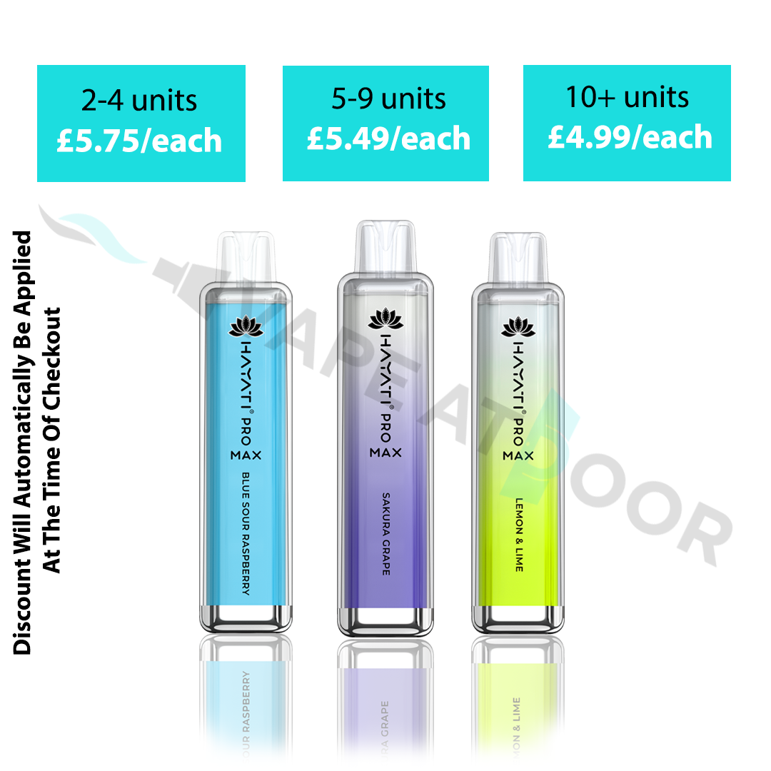 Product advertisement for "Hayati Pro Max 4000" vapes showing multi-buy pricing tiers: 2–4 units for £5.75 each, 5–9 units for £5.49 each, and 10+ units for £4.99 each. Three crystal-clear rectangular vapes showing different colors and flavors (Blue Sour Raspberry, Sakura Grape, and Lemon &amp; Lime) are displayed below the pricing, with text on the left noting that discounts are automatically applied at checkout.