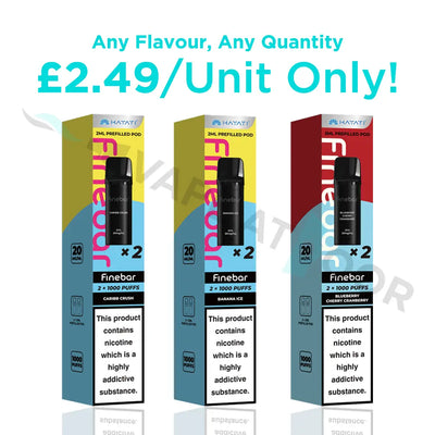 Three Hayati Finebar Prefilled Pods with pricing on a white background.