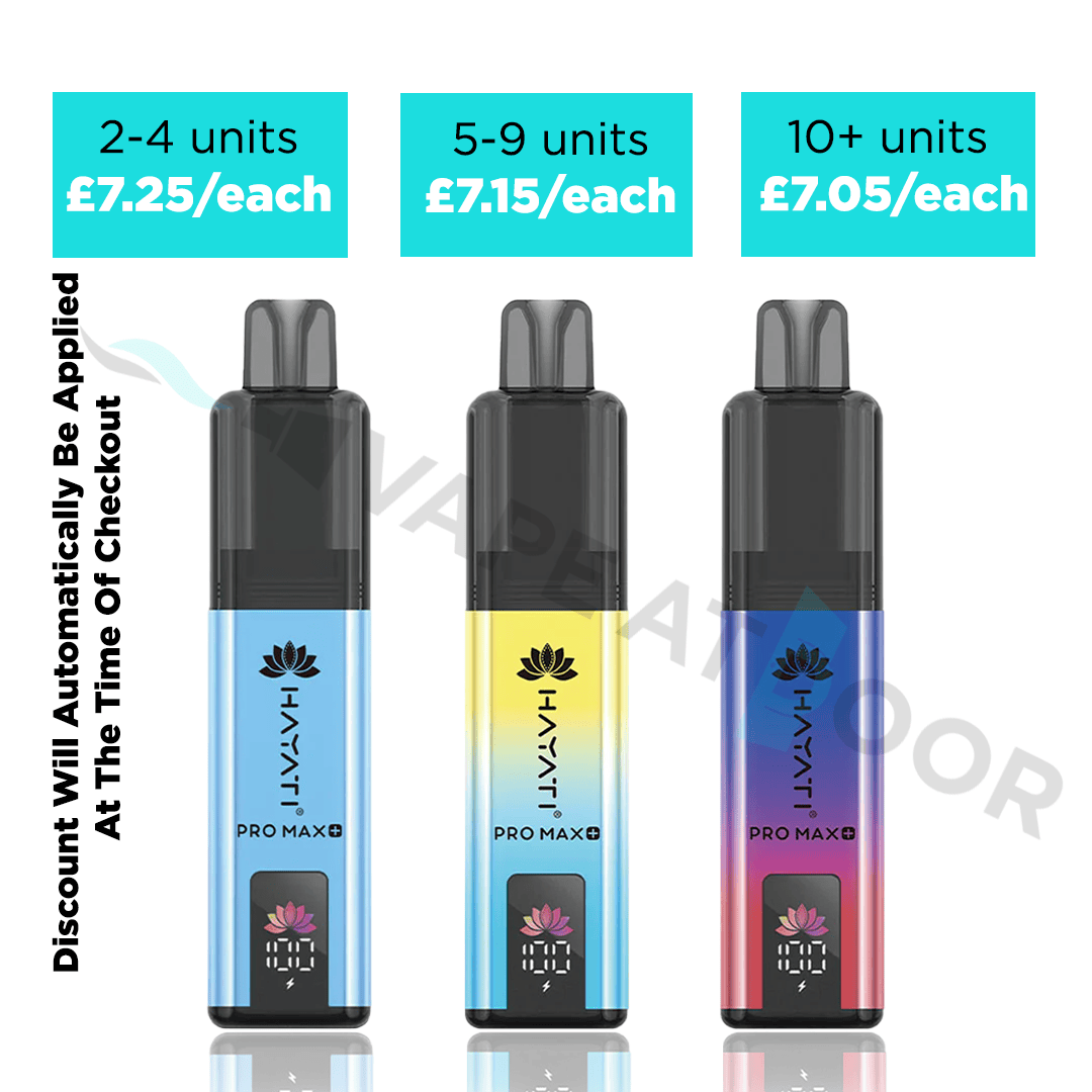 Three Hayati Pro Max Plus 6000 Prefilled Pod Kits on a white background with multibuy deals.