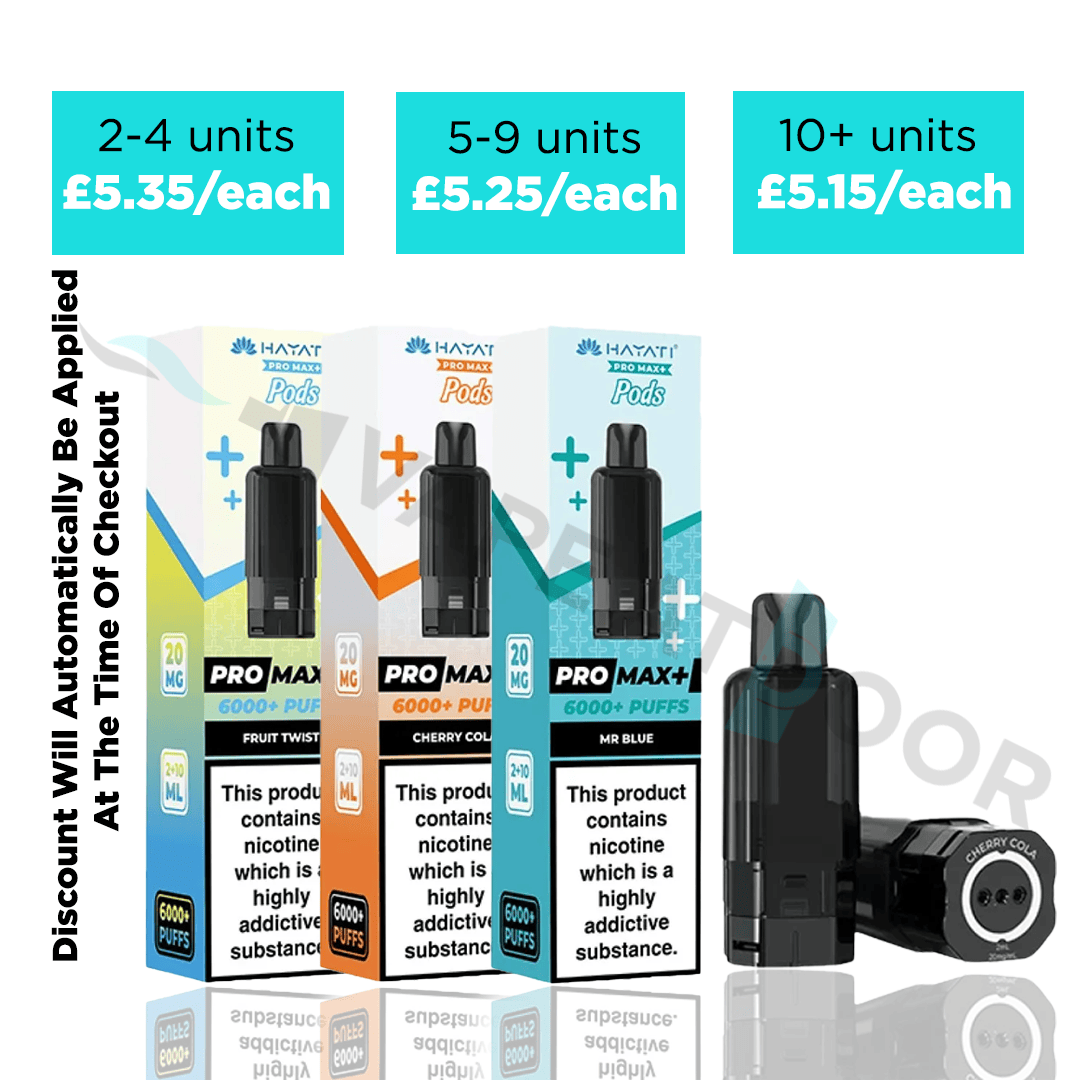 Three Hayati Pro max plus 6000 refill pods with multibuy deals on a white background.