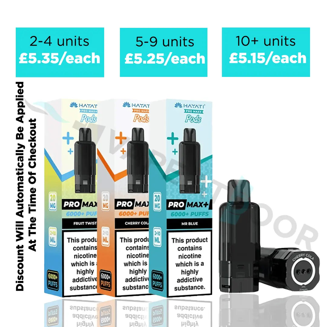 Three Hayati Pro max plus 6000 refill pods with multibuy deals on a white background.