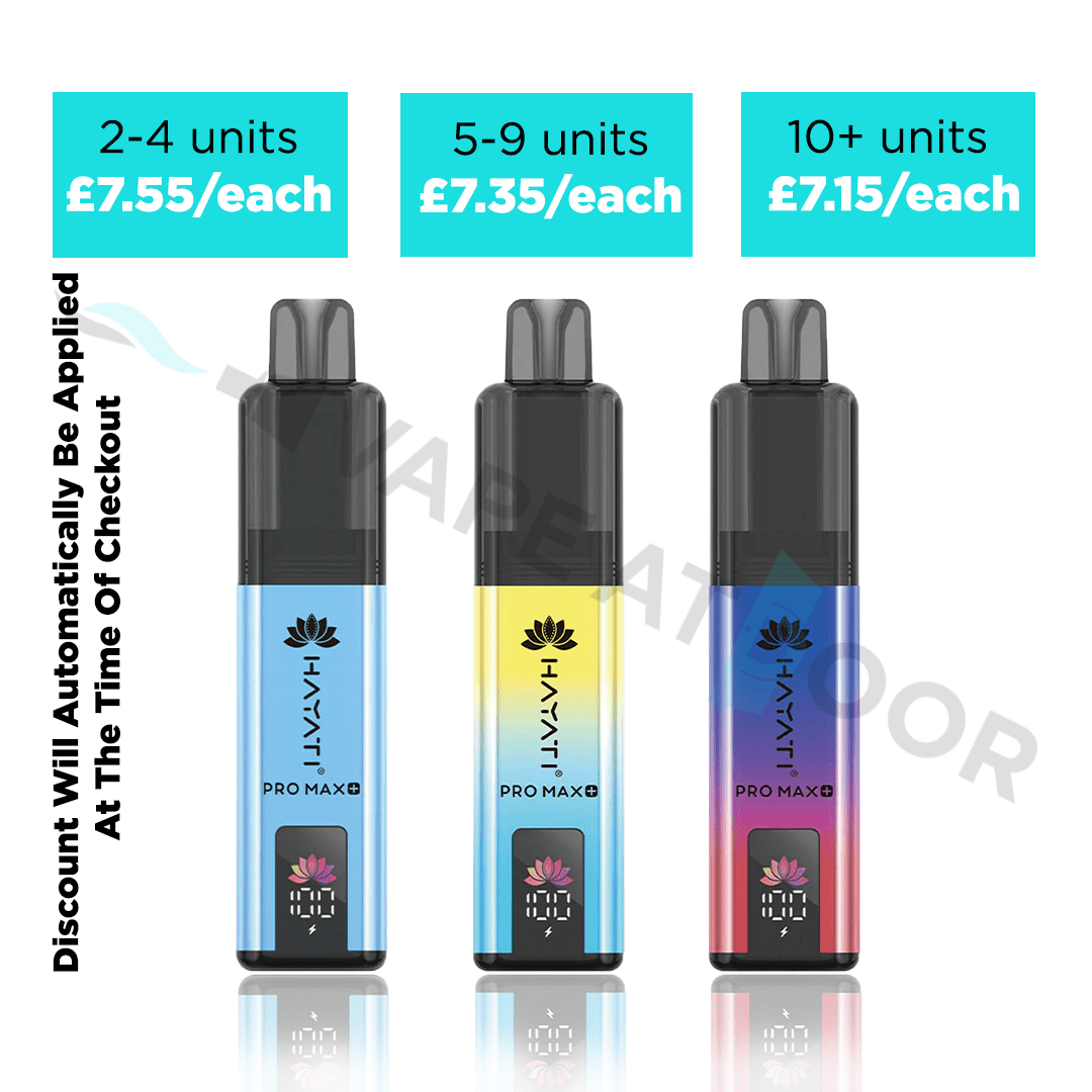 Three colorful Hayati Pro Max Plus 6000 Prefilled Pod Kits with pricing and quantity discounts on a white background