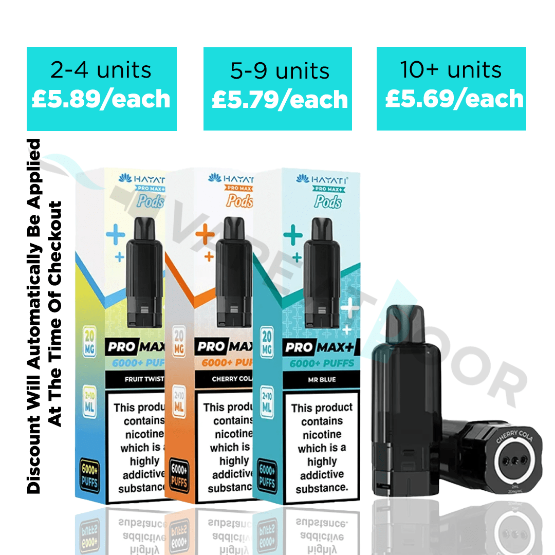 Hayati Pro Max Plus 6000 Replacement Pods with price discount labels for different quantity ranges on a white background.