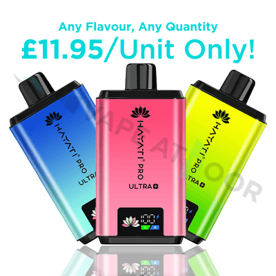 Three colorful vape devices with 'Hayati Pro Ultra plus' branding on a white background.