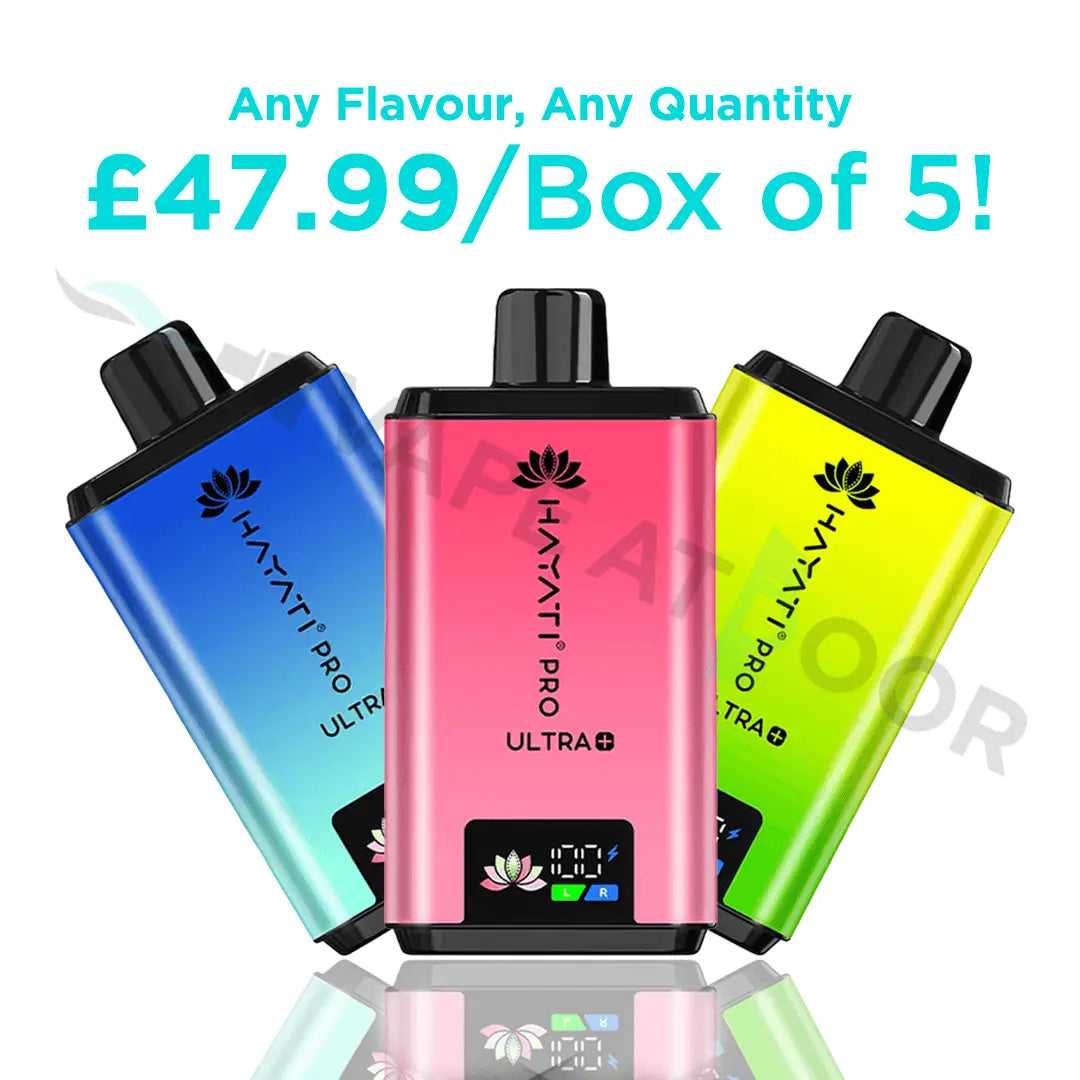 Hayati Pro Ultra plus 25000 Puffs devices on a white background with Box of 5 Price.