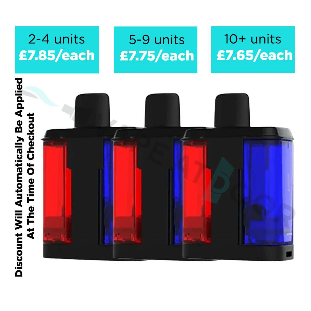 Three hayati pro ultra plus 25000 replacement pods with red and blue liquid compartments, multi buy deals on a white background.