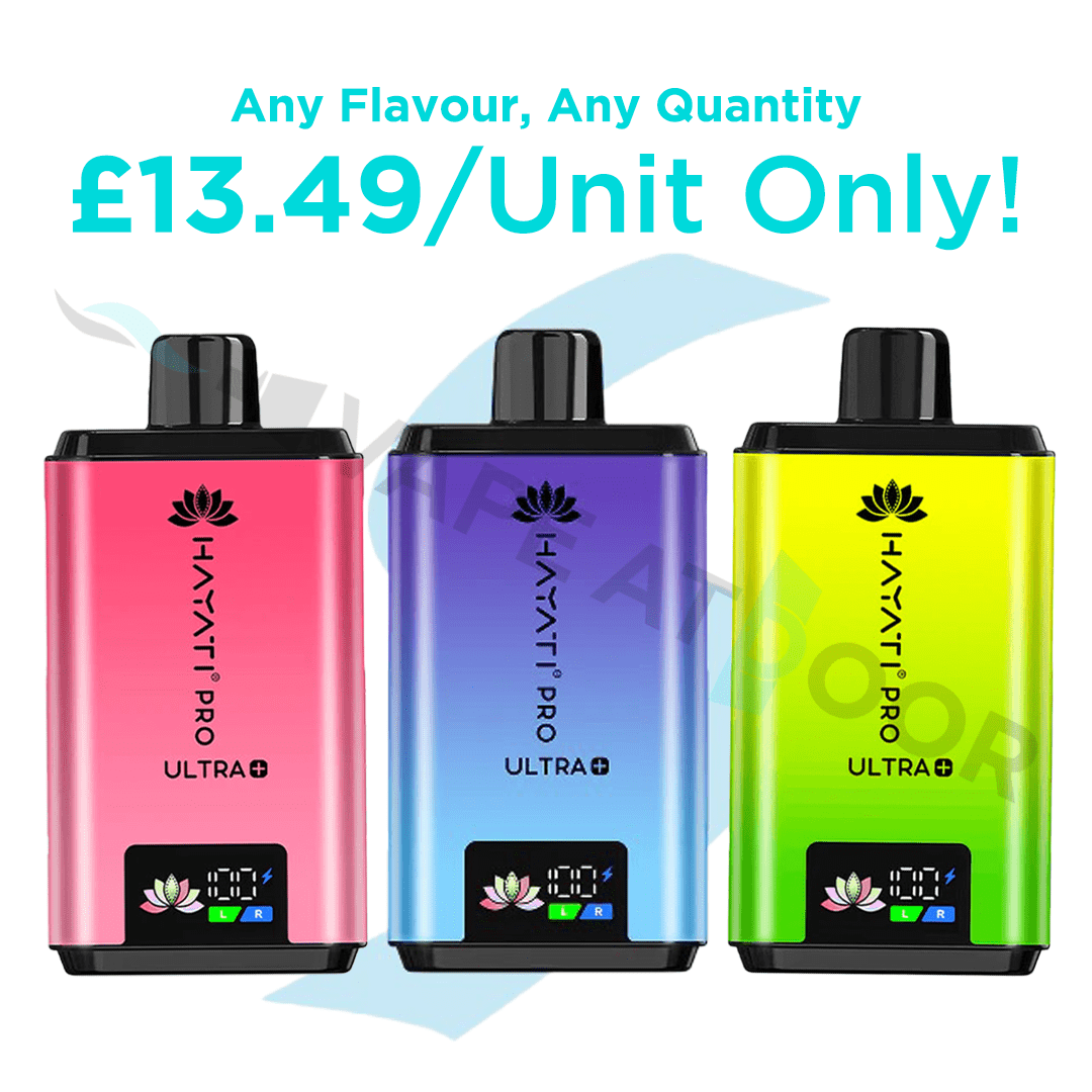 Three colorful vape devices with 'Hayati Pro Ultra Plus S 50000 Puffs' branding on a white background.