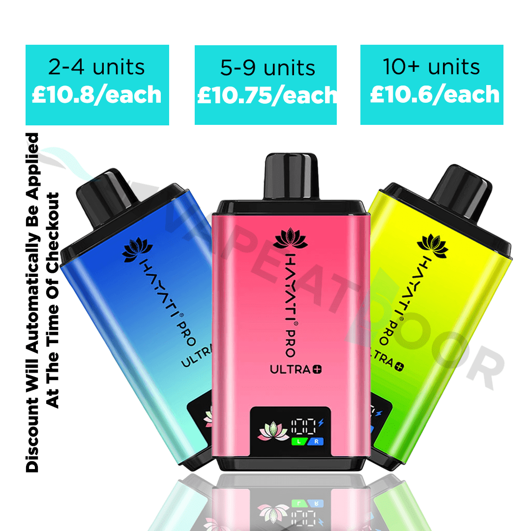 Three colorful hayati pro ultra plus 25000 prefilled pod kits with pricing and quantity discounts displayed on a white background.