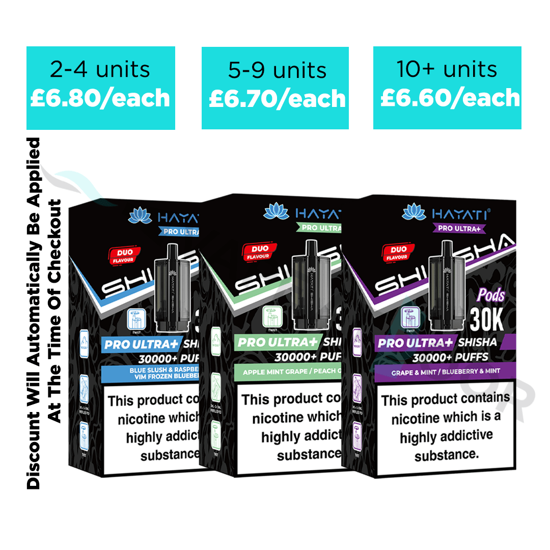 Packaging of HAYATI Shisha Pro Ultra+ Pods with pricing information on a white background.