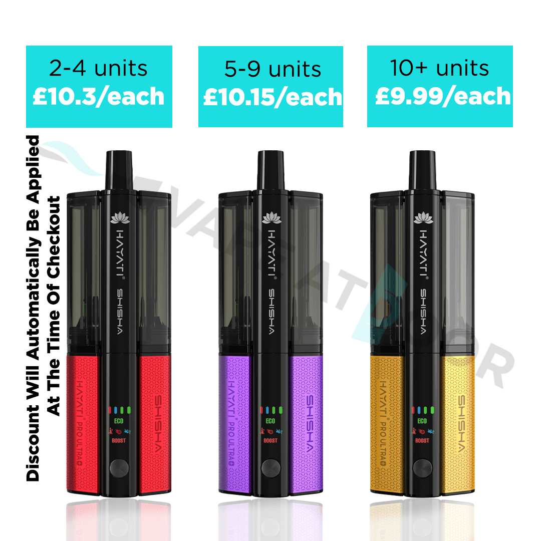 Three Hayati Pro Ultra Plus Shisha 30k vape devices with color-coded packaging and pricing information on a white background.