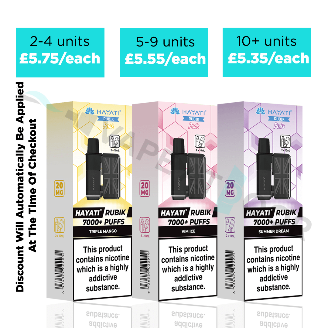 Three boxes of Hayati Rubik 7000 Prefilled Replacement Pods with pricing and discount information.