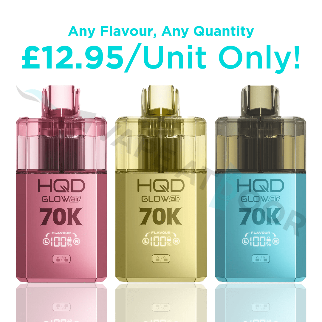 Three HQD Glow Air 70K vape devices in pink, yellow, and blue on a white background with promotional text.