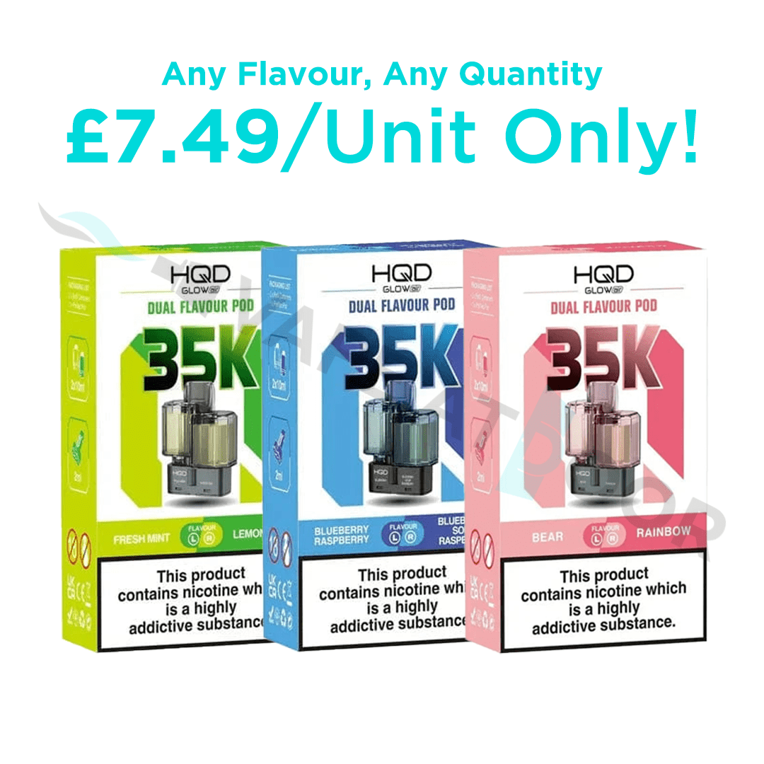 Three boxes of HQD Glow Air 35k Dual Flavour Pods with colorful packaging and product information.