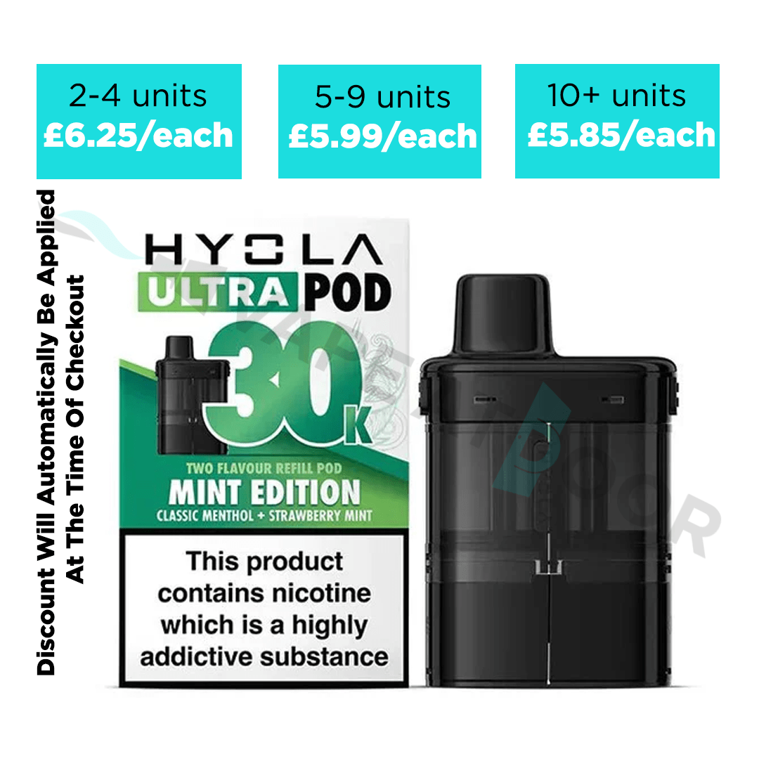 Hyola Ultra 30k prefilled replacement pods with packaging, pricing and quantity discount information on a white background