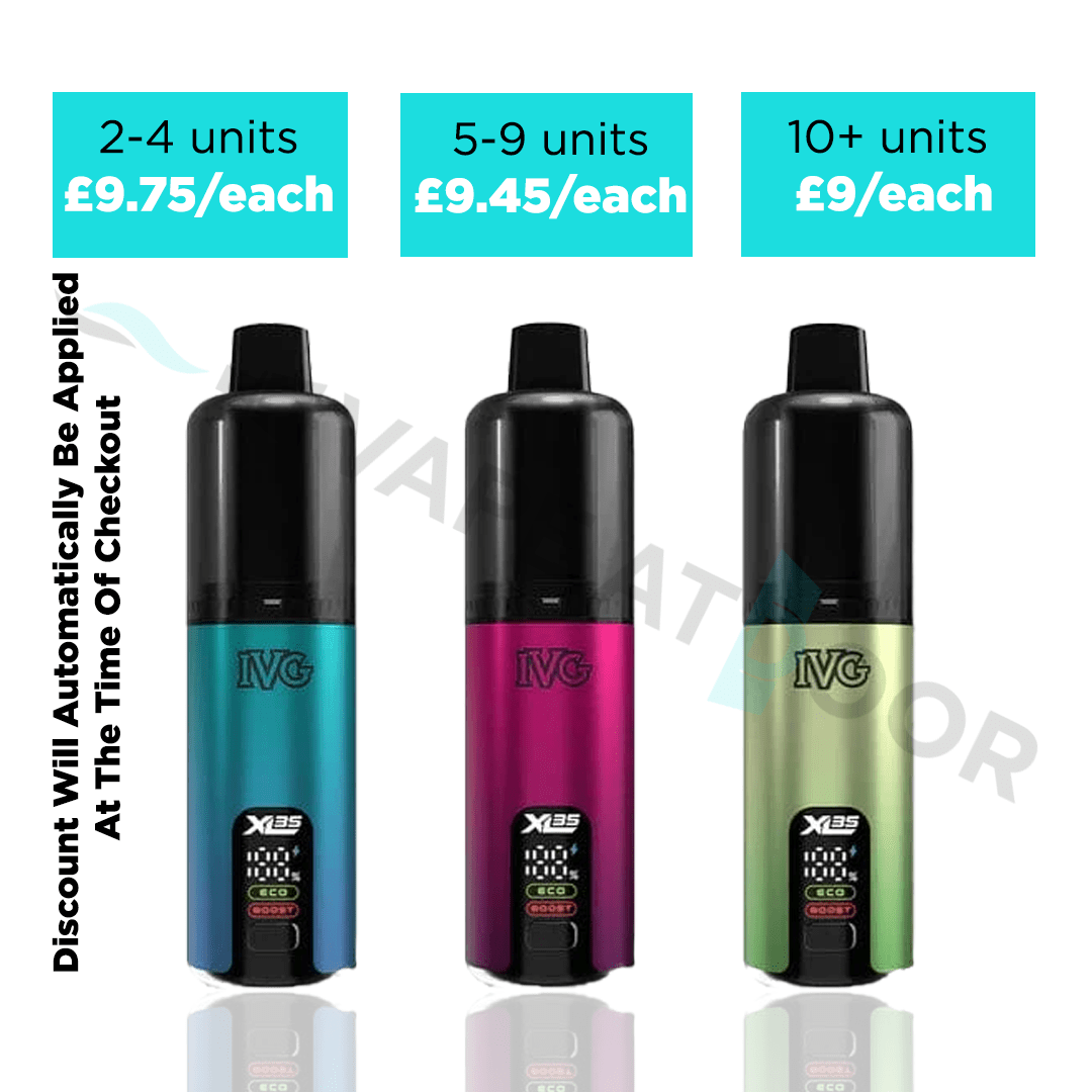 Three IVG XL 35K Prefilled Pod Kits in different colors with pricing and quantity discount information above them on a white background.