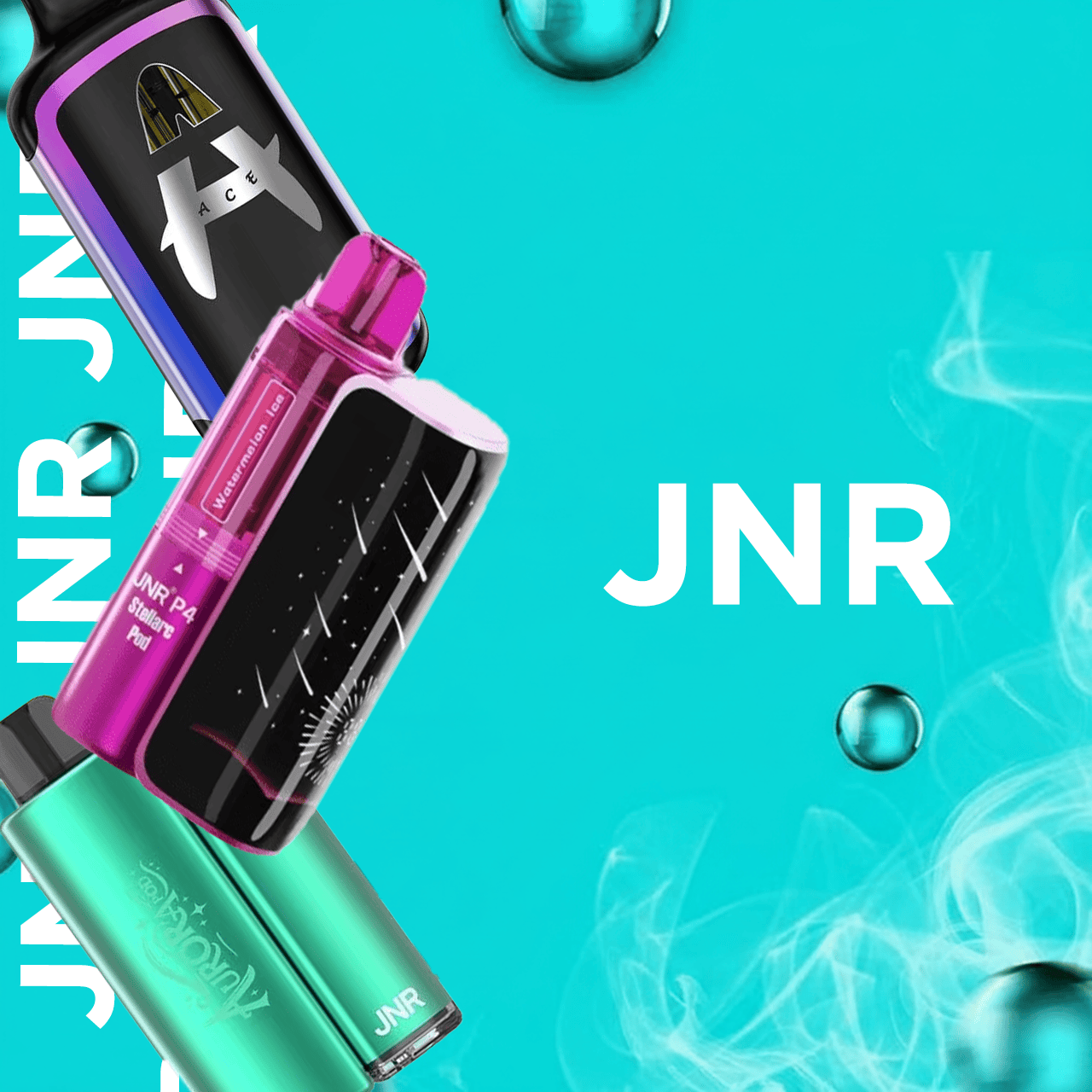 JNR vape devices on a turquoise background with smoke effects