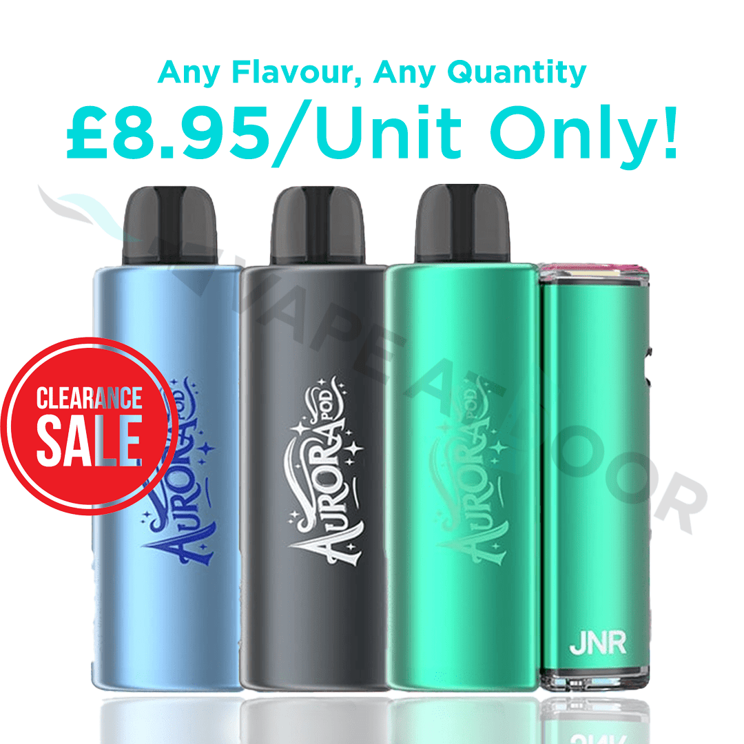 Three Aurora 30k vape devices in different colors with a clearance sale label on a white background.