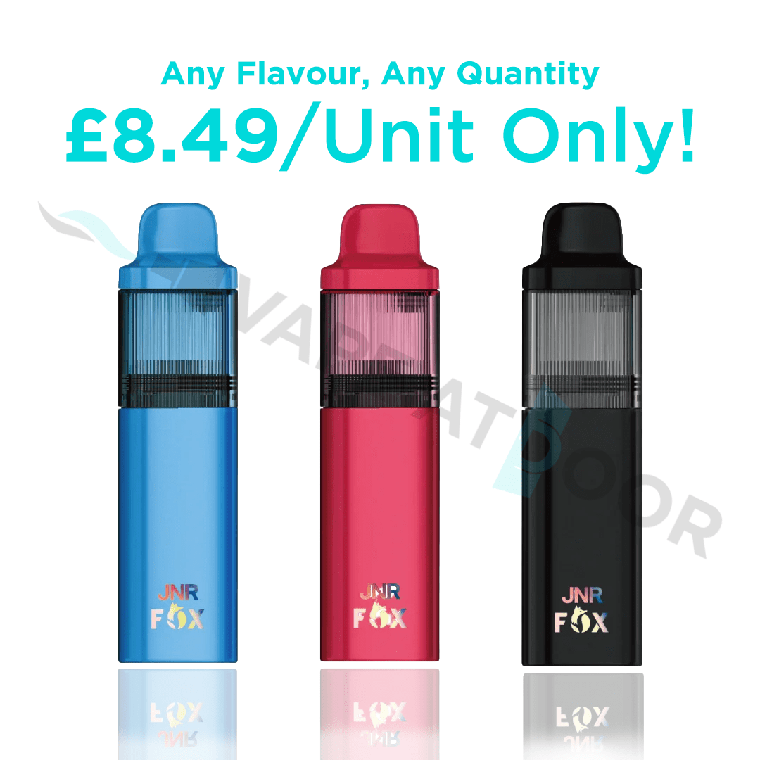 Three JNR Fox vape devices in blue, red, and black on a white background with promotional text.