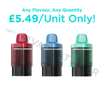 Three colorful Jnr Fox Prefilled Pod cartridges with a promotional text about price and quantity on a white background.