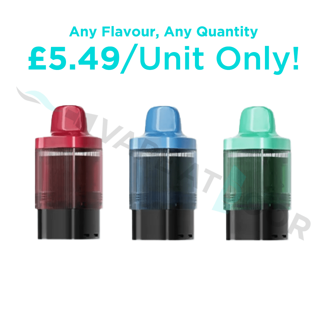 Three colorful Jnr Fox Prefilled Pod cartridges with a promotional text about price and quantity on a white background.