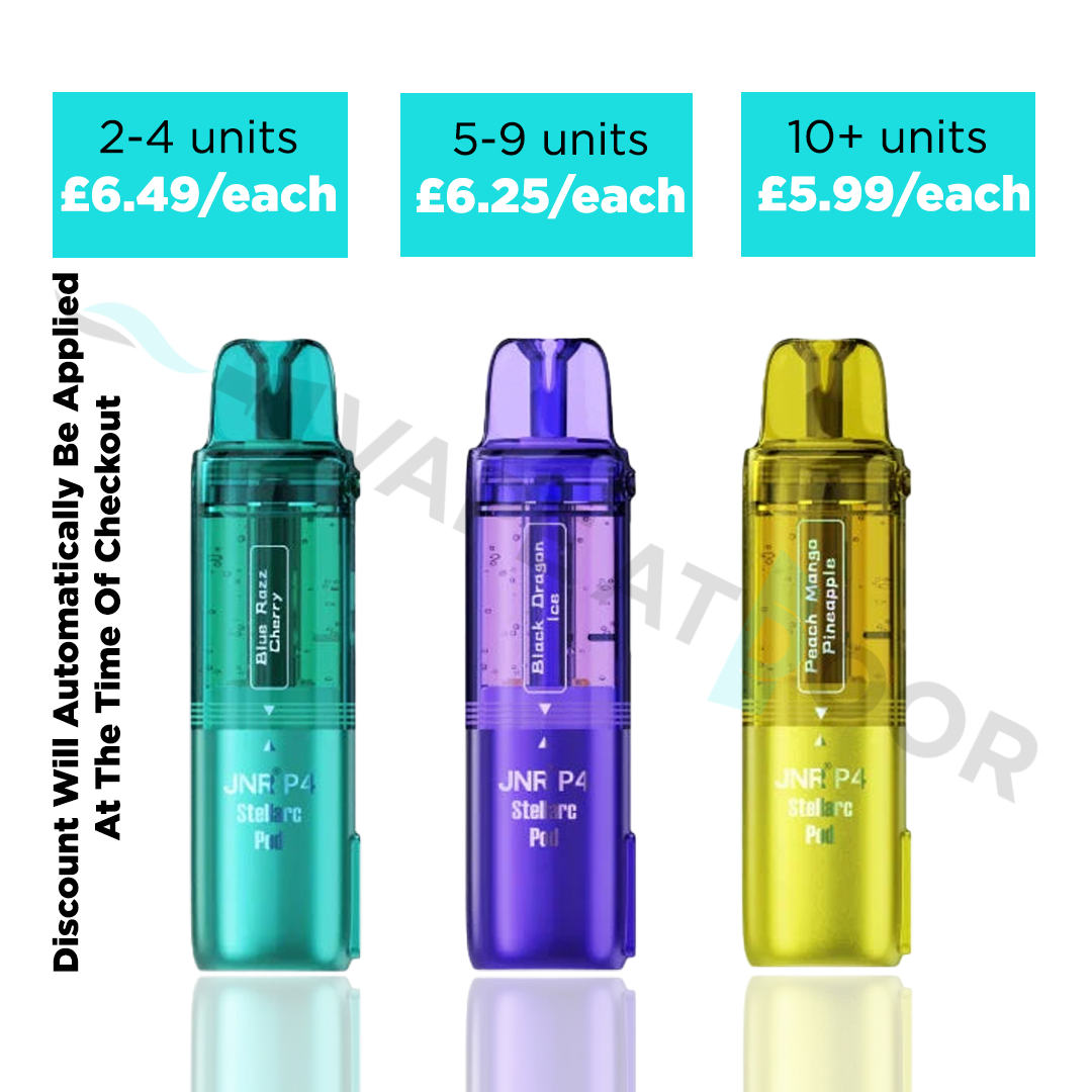 Three colorful jnr p4 vape refill pods with pricing and quantity discounts displayed on a white background.