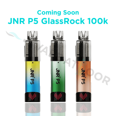 Three JNR P5 GlassRock vape devices with colorful gradient bodies on a white background.