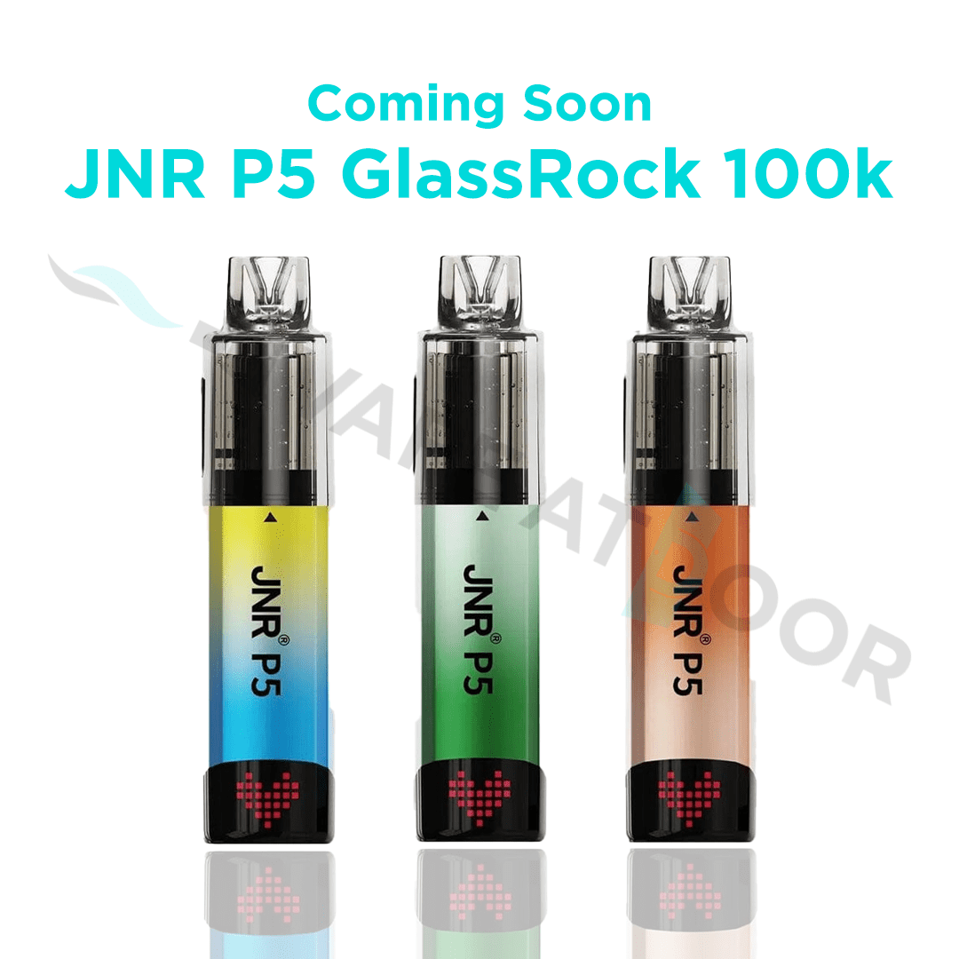 Three JNR P5 GlassRock vape devices with colorful gradient bodies on a white background.