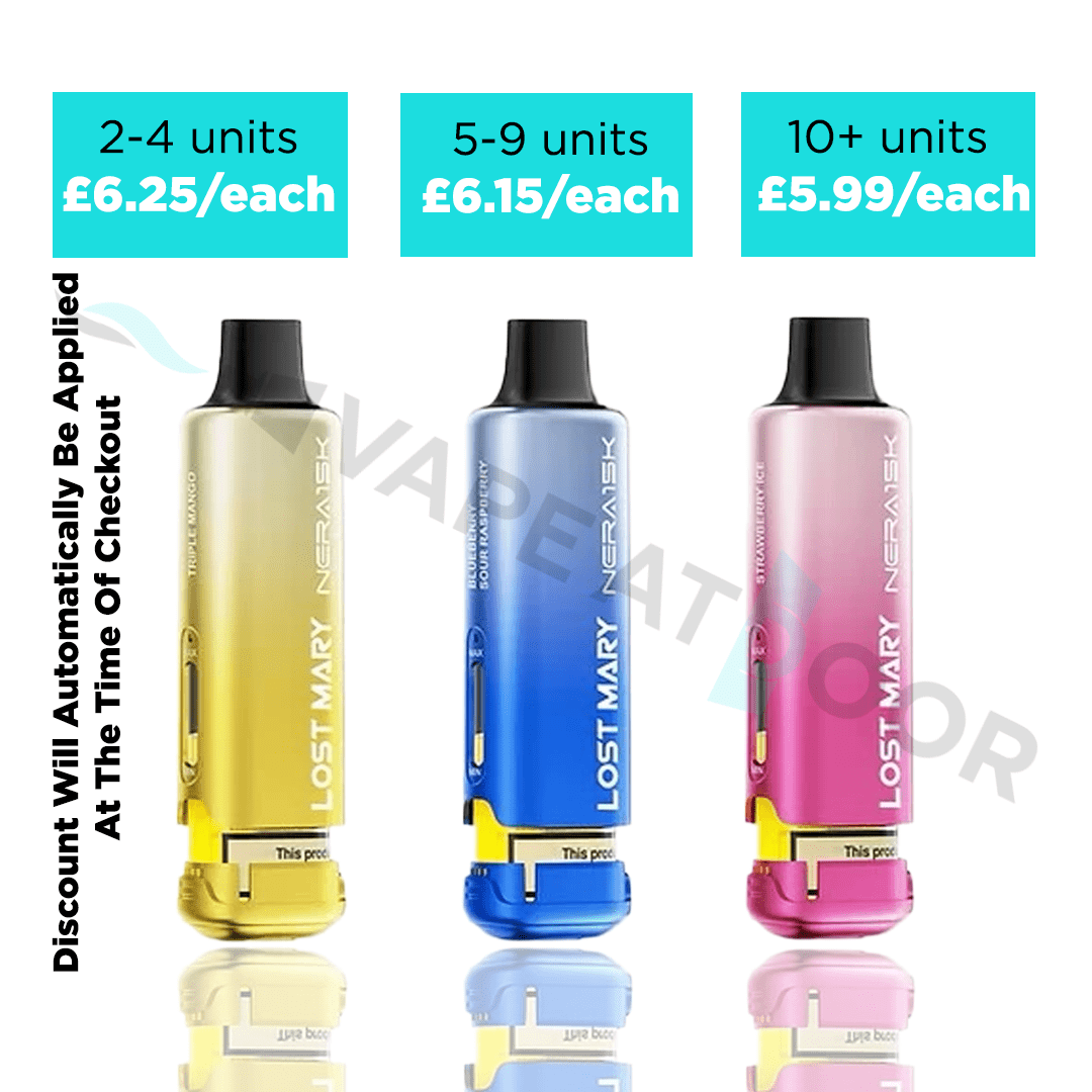 Three Lost Mary Nera Prefilled Pods with pricing and quantity discount information on a white background.