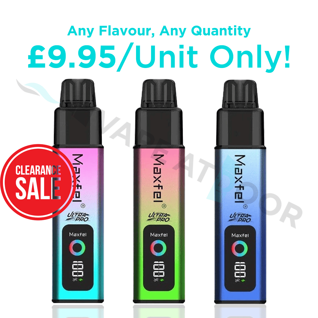 Three Maxfel Ultra pro 35k vape devices with digital displays on a white background, featuring a clearance sale label.
