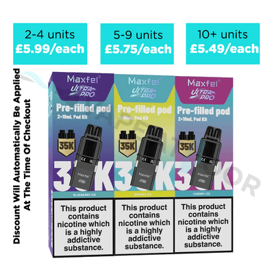 Maxfel Ultra Pro pre-filled vape pod packaging with pricing and nicotine warning labels.